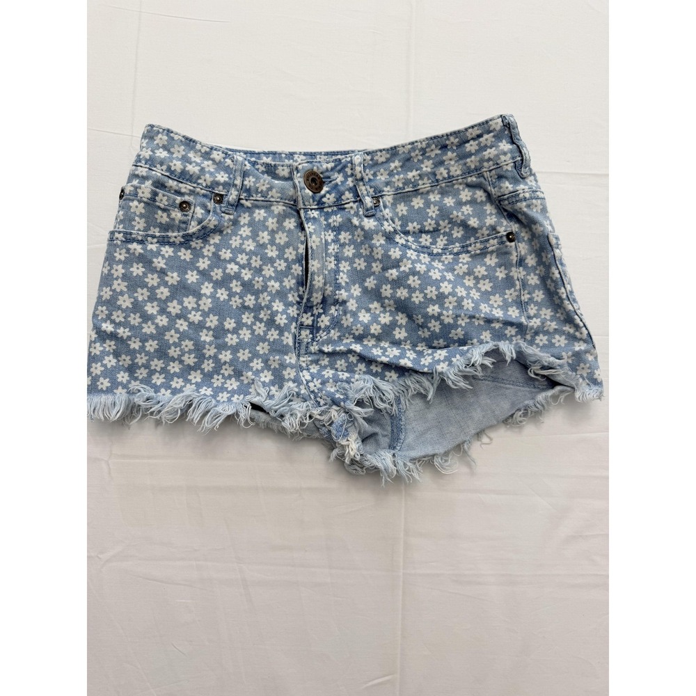 Bullhead Denim Co. Shorts Juniors 5 Blue High Rise Floral Denim‎ Cutoff Raw Hem